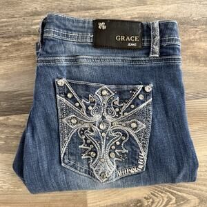 Grace in LA Bootcut Jeans Women’s 12M Blue Denim Rhinestone Embellished Pockets